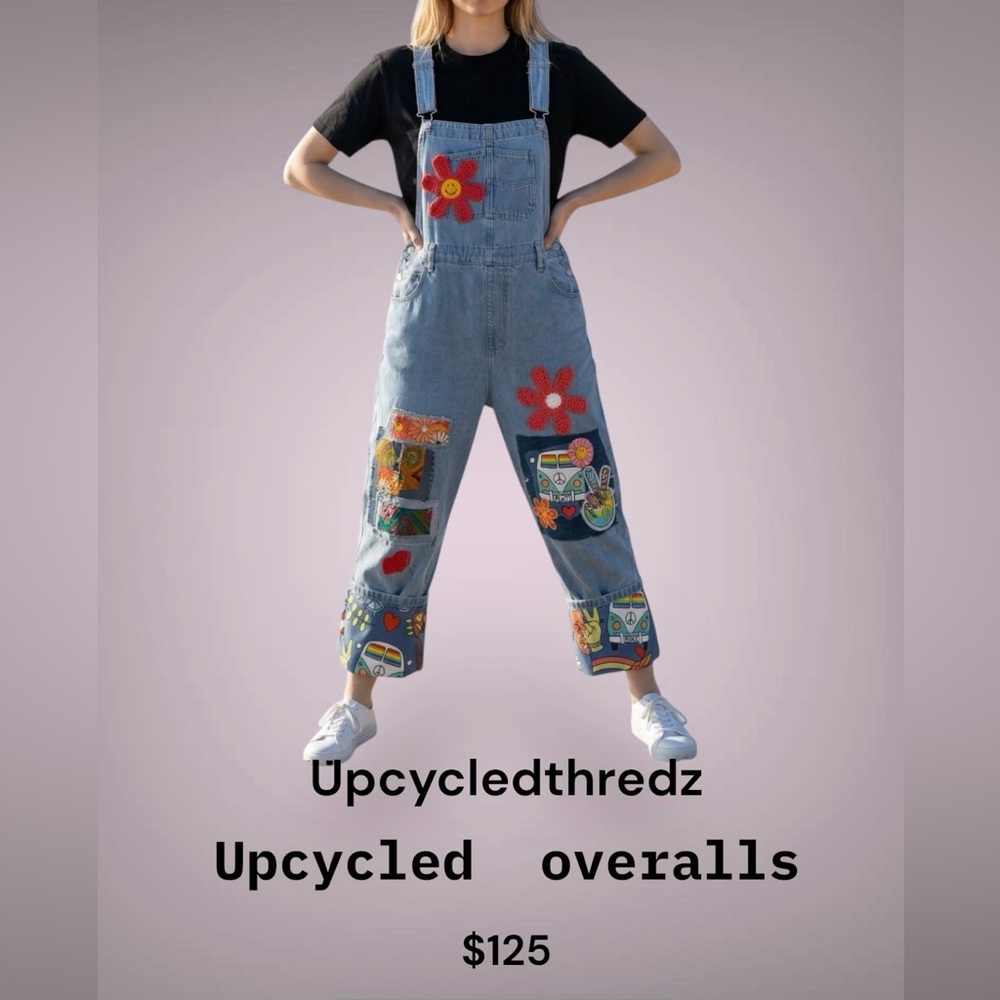 Upcycled Light Blue Denim Overalls with Colorful Flower Patches